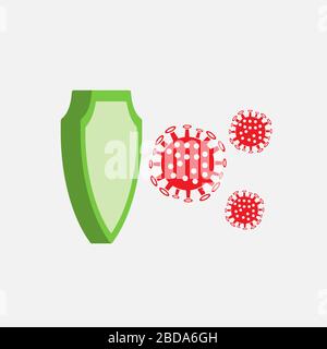 Coronavirus 2019 nCov mit Schutzschild vor der Virusikone. Virus und Epidemie, Bakterium, Mikrobiologie, Pandemie-Symbol. Flaches Design. Lagerbestand - Stock Vektor