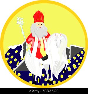 Sinterclass auf einem weißen Pferd. Emblem oder Logo für den Tag des Heiligen Nikolaus. Stock Vektor