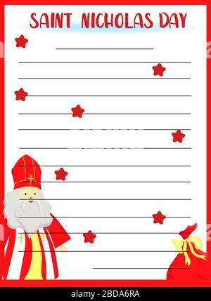 Eine Form oder Vorlage für einen Brief des heiligen Nikolaus mit einer Mithrerin, einem Seelsorgepersonal und herabfallendem Schnee. Europäische Wintertradition. , flaches Design, Vektor Stock Vektor