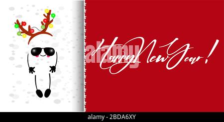 Neujahr- oder Weihnachtskarte. Lustige Zeichentrick-fröhliche Figur auf weißem Hintergrund. Winterferien. weihnachtsmann oder Hirsch-Antelkostüm. Stock Vektor