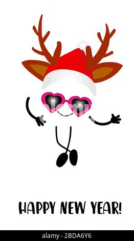 Neujahr- oder Weihnachtskarte. Lustige Zeichentrick-fröhliche Figur auf weißem Hintergrund. Winterferien. weihnachtsmann oder Hirsch-Antelkostüm. Stock Vektor