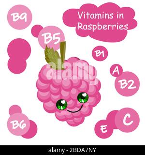 Süßer Zeichentrick-Fruchtfigur. Vitamine in den Beeren. Himbeere. Kinderillustration. Stock Vektor