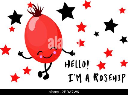Hi, ich bin ein Rosehip. Postkarte mit Beeren für Kinder. Kawaii Zeichentrickfigur. Stock Vektor