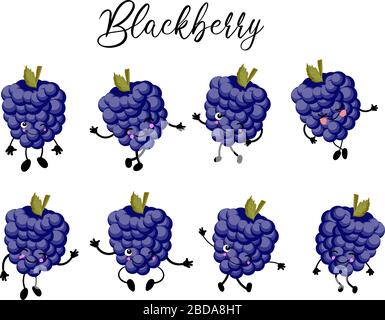 Setzen Sie niedliche und lustige Figur im Comicstil blackberry wild lächelnd, Cartoon-Vektor-Illustration, isoliertes BlackBerry, Charakter von blackberry Stock Vektor