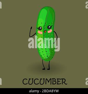 Süße Cartoon-Gurke. Leckeres und gesundes Gemüse. Veganer Charakter mit Augen und einem Lächeln. Dunkler Hintergrund. Stock Vektor