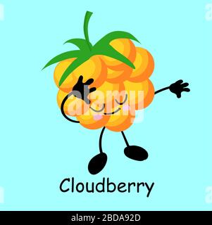 Beeren mit Beeren und gelbem Charakter mit Gesicht und Lächeln. Kawaii Süßigkeiten und Desserts. Stock Vektor