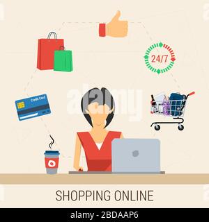Frau mit Laptop Online-shopping Stock Vektor