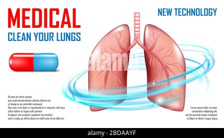 Lungen Diagnose Banner. Konzept der medizinischen Versorgung. Atemwegserkrankungen. Pillen oder Kapseln für Lungenfibrose, Tuberkulose und Pneumonie Stock Vektor