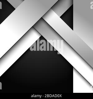 Abstrakter 3D-weißer und grauer Streifen diagonal überlappendes Ebenenpapier auf schwarzem Hintergrund mit Platz für den Text. Vektorgrafiken Stock Vektor