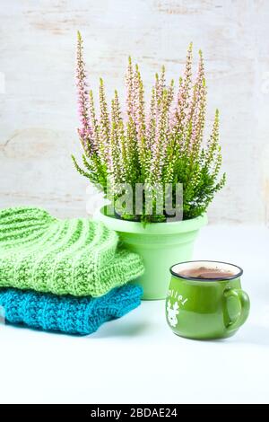 Bouquet aus Heidekraut, Teebecher und Strickschal, selektiver Fokus Stockfoto