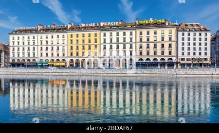 Quai des Bergues, Fassaden am Fluss, Genf, Schweiz Stockfoto