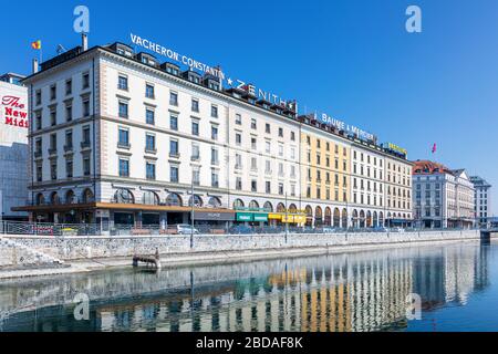 Quai des Bergues, Fassaden am Fluss, Genf, Schweiz Stockfoto