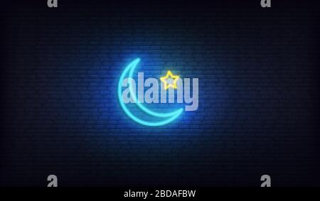Ramadan Crescent Mond Neon. Blau leuchtender Mond und gelbes goldenes Stern-Islamzeichen Stock Vektor
