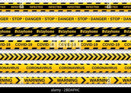 Warnung: Gelbe und schwarze nahtlose Bänder auf transparentem Hintergrund. Band mit Sicherheitszäunen. Globales pandemic Coronavirus COVID-19. Vektorgrafiken Stock Vektor