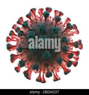 Coronavirus COVID-19 3D-Abbildung, Nahaufnahme auf weißem Hintergrund. Stockfoto