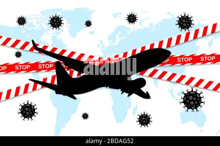 Gefährlicher Roman Coronavirus COVID-19. Stoppen Sie den Flugbetrieb. Gesundheitsrisiko bei Pandemie. Vektorgrafiken Stock Vektor