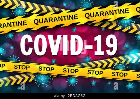 Coronavirus COVID-19-Outbreak-Konzept mit gelben und schwarzen Warnbändern. Gefahr durch Coronavirus und Risiko für die öffentliche Gesundheit und Grippeausbruch. Pandemi Stock Vektor