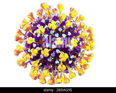 Coronavirus COVID-19 3D-Abbildung, Nahaufnahme auf weißem Hintergrund. Stockfoto