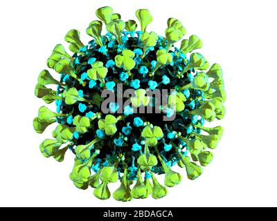 Coronavirus COVID-19 3D-Abbildung, Nahaufnahme auf weißem Hintergrund. Stockfoto