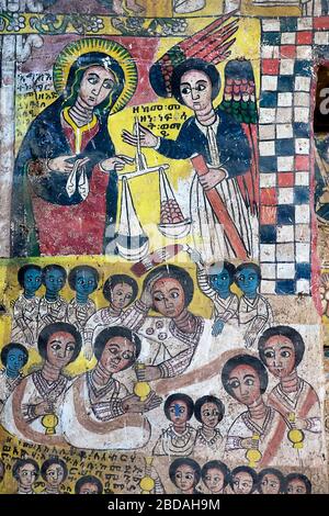 Fresko in der orthodoxen Kirche Aberha wa Atsbaha, Gheralta Region, Tigray, Äthiopien Stockfoto