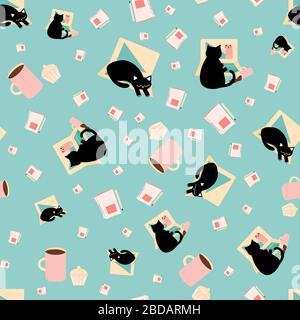 Niedlicher Cartoon-Laptop und Katzen-Vektor nahtloser Hintergrund. Schwarzfeline, Kaffeepause im Geschäftsbüro. Handgezeichnete, lustige Pastell-Teelkulisse Stock Vektor
