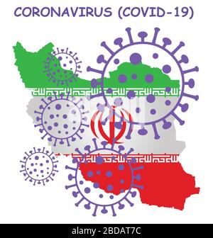 Coronavirus COVID 19 Grafik überlagert auf der Karte des Iran isoliert auf weißem Hintergrund Stockfoto