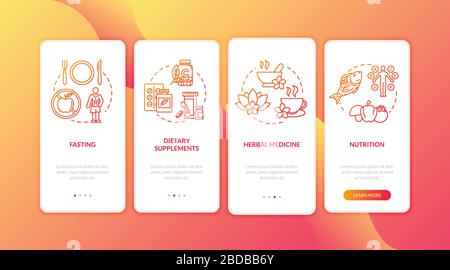 Kräutermedizin und Ernährung Onboarding Mobile App Seite Bildschirm mit Konzepten. Gesunde und ausgewogene Ernährung führen Sie die grafischen Anweisungen in vier Schritten durch Stock Vektor