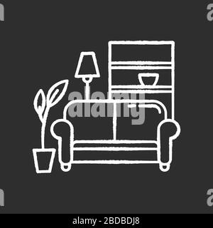 Kreideweiß-Symbol im Inneren des Apartments auf schwarzem Hintergrund. Wohnzimmermöbel. Gemütliches Zuhause. Sofa, Sofa. Platz für Ruhe und Entspannung. Häufig Stock Vektor