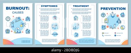 Burnout verursacht Broschürenvorlage. Symptome, Behandlung, Prävention. Flyer, Broschüre, Broschürendruck, Coverdesign mit linearen Symbolen. Vektorlayouts für Stock Vektor