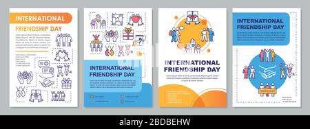 Internationale Freundschafts-Tag-Broschürenvorlage. Freundliche Community. Flyer, Broschüre, Broschürendruck, Coverdesign mit linearen Symbolen. Vektorlayouts für Stock Vektor