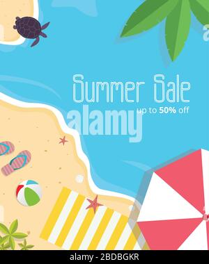 Sommer Sale Design mit Bildern von Sonnenschirmen, Sandalen, Ballmatten und Schildkröten, die Luftaufnahme verwenden Stockfoto