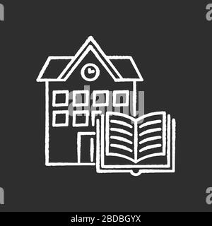 Kreide-weißes Symbol der öffentlichen Bibliothek auf schwarzem Hintergrund. Bildungseinrichtung. Hochschulbildung. Buchspeicherung. Campus-Gebäude. Lesesaal Stock Vektor
