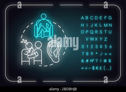 Seien Sie gutes Symbol für das Neon-Licht-Konzept des Hörers. Freundschaftsbeziehungsberatung. Beste Idee für den Support von Freunden. Äußeres leuchtendes Zeichen mit Alphabet, Zahlen und Stock Vektor