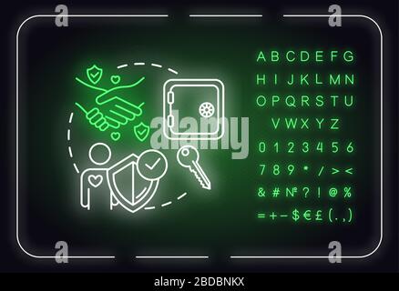 Symbol für ein zuverlässiges Neonlichtkonzept. Freundschaftsbeziehungen Ratschläge. Vertrauenswürdige Freundschaftsidee. Äußeres leuchtendes Zeichen mit Alphabet, Zahlen und Stock Vektor
