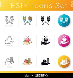 Benutzerfreundliche Symbole für den Support. Lineare, schwarze und RGB-Farbstile. Zwischenmenschliche Beziehung, moralische Grundwerte. Altruismus, gegenseitiger Nutzen und Mitgefühl Stock Vektor