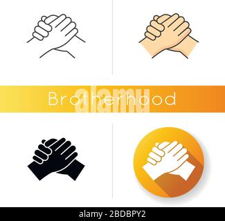 Symbol der Bruderschaft. Lineare schwarze und RGB-Farbstile. Starke Freundschaft, zwischenmenschliche Bindung zwischen Männern, Zusammengehörigkeit, Einheit und Gemeinschaft. Manly Stock Vektor
