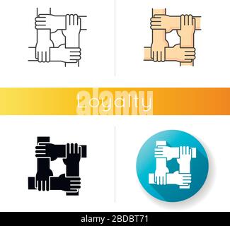 Loyalitätssymbol. Lineare schwarze und RGB-Farbstile. Starke soziale Verbindung, kollektives Bonding. Freundschaft, Einheit, Teamarbeit. Menschen halten zusammen Stock Vektor