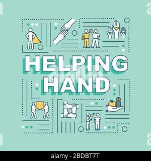 Banner für Handwortkonzepte. Soziale Unterstützung und Freiwilligenarbeit. Infografiken mit linearen Symbolen auf hellgrünem Hintergrund. Altruismus. Isoliert Stock Vektor