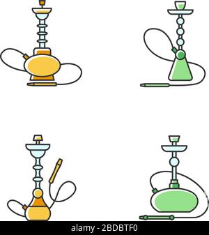 Hookah RGB gelbe und grüne Farbsymbole festgelegt. Unterhaltung mit Freunden. Sheesha-Haus. Narkile Lounge. Geruch aus Rohr. Raucherbereich. Zubehör für Stock Vektor