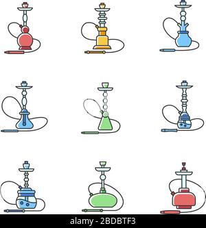 Hookah RGB-Farbsymbole festgelegt. Shisha mit Draht. Sheesha-Haus. Narkile Lounge. Geruch aus Rohr. Duft des Verdampfens. Raucherbereich. Zubehör für Shisha Stock Vektor