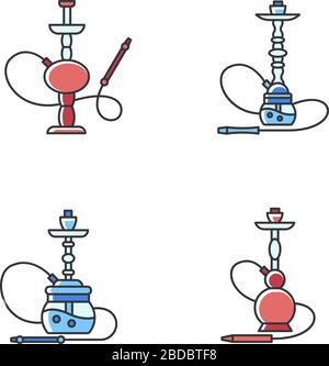 Hookah RGB-Symbole in Rot und Blau festgelegt. Hooka-Bar für ruhige Freizeit. Sheesha-Haus. Narkile Lounge. Geruch aus Rohr. Duft des Verdampfens Stock Vektor