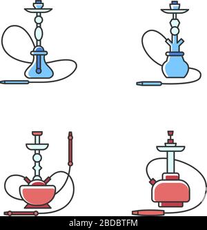 Hookah RGB-Symbole in Rot und Blau festgelegt. Zeremonie Utensil. Sheesha-Haus. Narkile Lounge. Duft des Verdampfens. Raucherbereich. Zubehör für Shisha Stock Vektor