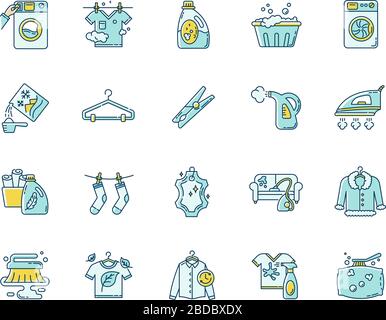 Wäschestärktypen und -Geräte blau und gelb RGB-Farbsymbole festgelegt. Waschsalon, Nass- und Trockenreinigung, Express-Wäsche. Haushalt zum Waschen und Bügeln Stock Vektor