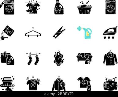 Wäschearten und -Ausrüstung schwarze Glyph-Symbole auf weißem Raum. Waschsalon, Nass- und Trockenreinigung, Express-Wäsche. Wasch- und Bügelgeräte Stock Vektor