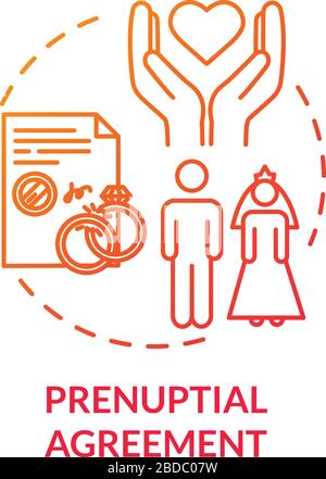Rotes Konzeptsymbol für pränuptiale Vereinbarung. Papiere für die Scheidung. Engagement des Partners. Vertrag für ein Ehepaar. Notardienst Idee dünne Linie Illustration Stock Vektor