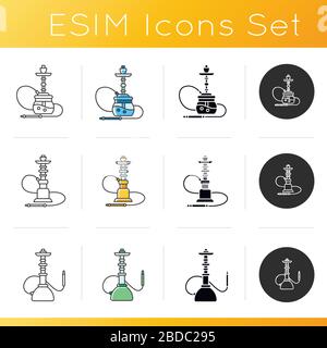 Hookah Icons Set. Unterhaltung mit Freunden. Sheesha-Haus. Narkile Lounge. Geruch aus Rohr. Duft des Verdampfens. Raucherbereich. Linear, schwarz und RGB Stock Vektor