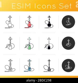 Hookah Icons Set. Benutzerdefiniertes Objekt. Sheesha-Haus. Narkile Lounge. Raucherbereich. Zubehör für Shisha. Orientalischer Hooka. Lineare, schwarze und RGB-Farbe Stock Vektor