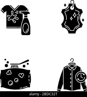 Waschsalon, Waschmaschinen, schwarze Glyph-Symbole auf weißem Raum. Chemische Reinigung und Fleckenentfernung von Leder, Express-Wäsche und Reinigung von Kissen. Silhouette Stock Vektor