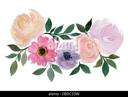 Vintage-Blumenstrauß-Anordnung in Rosa-, Pfirsich- und violetten Farbtönen, elegante Blumendekoration isoliert auf Weiß Stockfoto