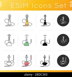 Hookah Icons Set. Hooka-Bar für ruhige Freizeit. Sheesha-Haus. Narkile Lounge. Geruch aus Rohr. Duft des Verdampfens. Lineare, schwarze und RGB-Farbe Stock Vektor